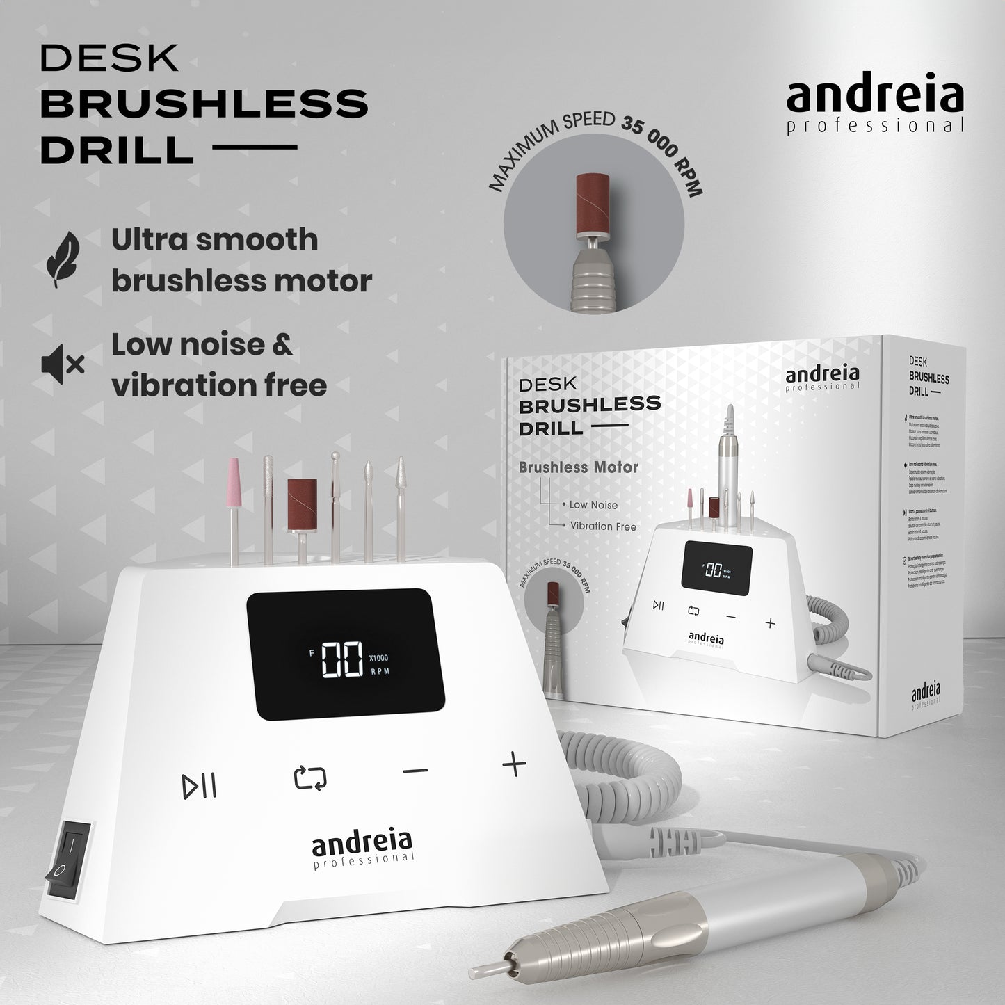 Andreia Desk Brushless Drill - Ultra Gladde Nagelfrees - Borstelloze Motor - Stil - Krachtig - Trillingsvrij