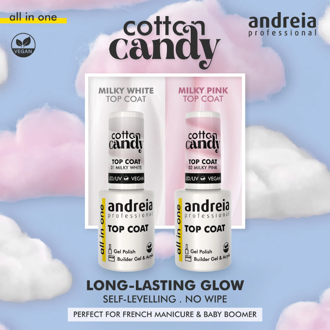 Andreia Cotton Candy Top Coat - Milky White 01- French / Babyboom manicure - All in One - No Wipe - Vegan - 10,5ml