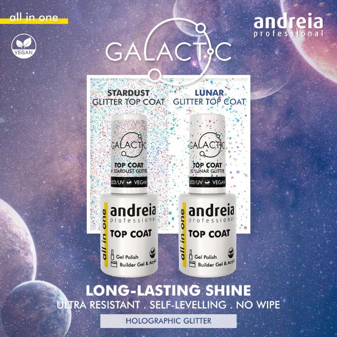 Andreia Galactic Top Coat - 02 Lunar Glitter - All in One - No Wipe - Vegan - 10,5ml